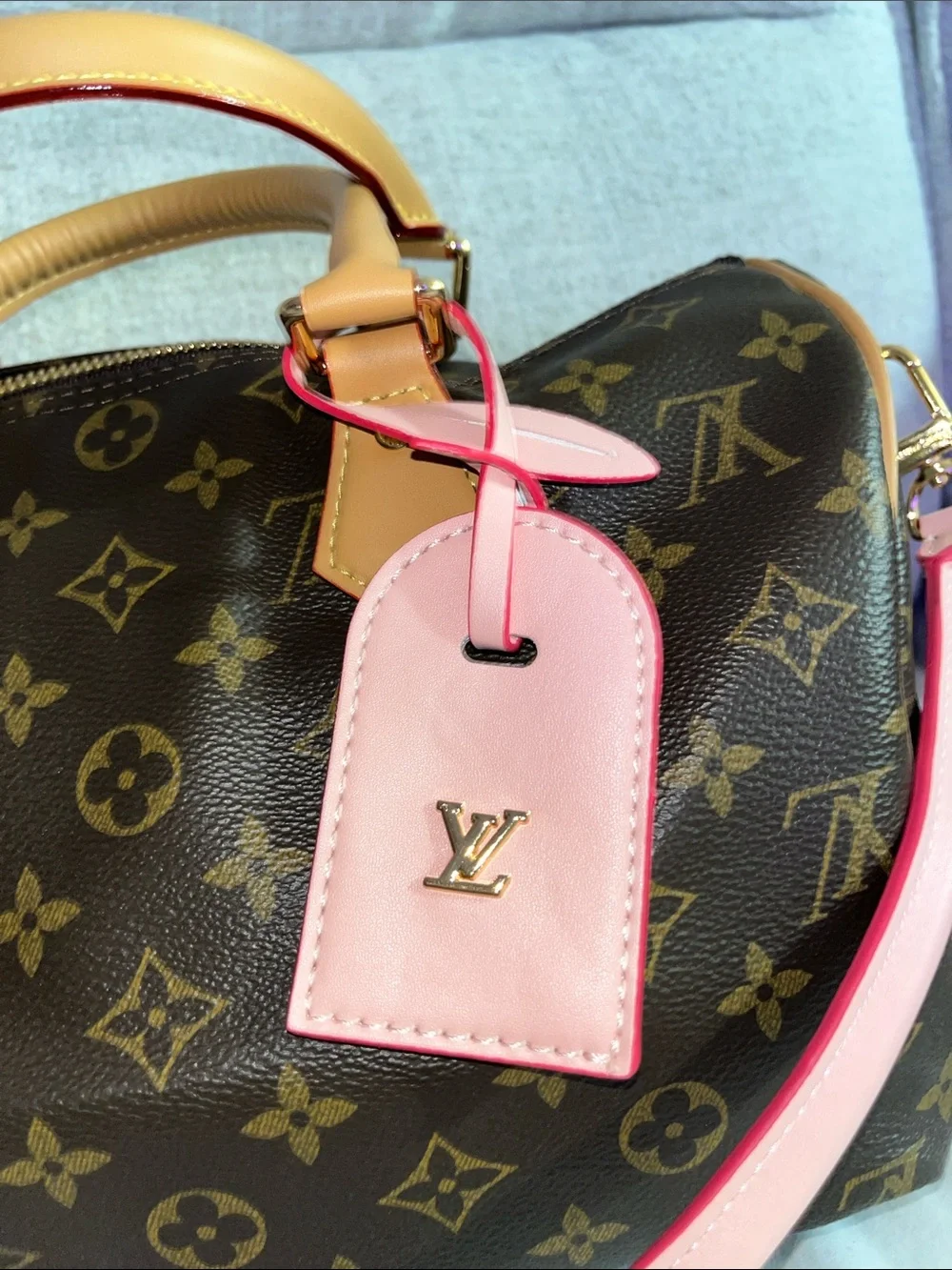 Source Unknown Brown Monogram Satchel with Pink Trim and Tag